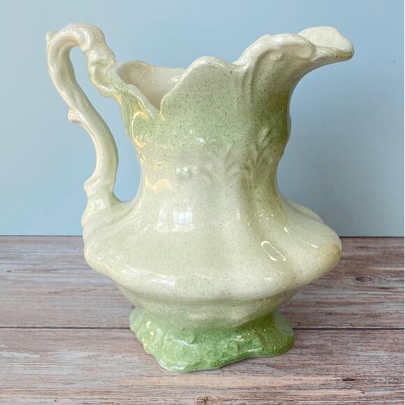 Vintage Green and Cream Ceramic Pitcher - Ornate Cottagecore Decor - Picture 2 of 6